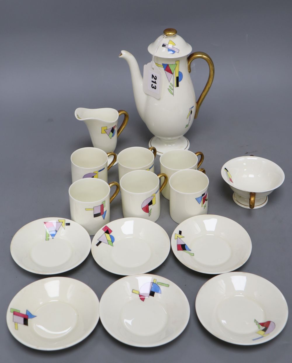 A Royal Doulton Art Deco porcelain coffee set, with geometric pattern, coffee pot 20.5cm